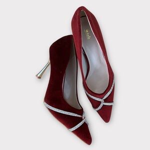 Sheln Ruby red velvet jeweled pointed toe pumps